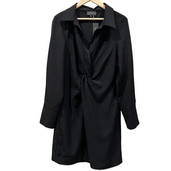 Gracia Twist Front Shirt Dress Black Long Sleeve Collared Side Zip Pockets L NWT - Picture 2 of 14